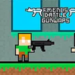 To pikselerte figurer står på en grønn plattform med våpen mellom seg og teksten FRIENDS BATTLE GUNWAPS over dem