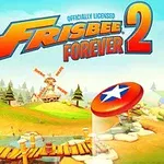En fargerik, tegneserieaktig landskap med trær, en vindmølle i bakgrunnen, en bro og en rød frisbee med en blå stjerne over et grønt landskap