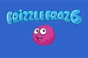 Rosa, lodden figur med store øyne og smil under teksten FRIZZLE FRAZ 6 på blå bakgrunn