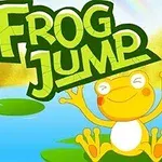 En glad frosk sitter på en vannlilje omringet av vann, med teksten Frog Jump over