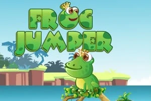 En grønn frosk med krone sitter på en gren foran teksten Frog Jumper med en bakgrunn av blå himmel og silhuetter av trær