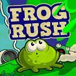 Tegnet bilde av en grønn frosk med store øyne på en gressbakke, og teksten Frog Rush i bakgrunnen