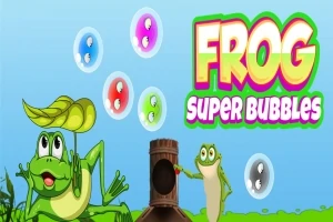 Grønn frosk med et blad på hodet, flere fargede såpebobler og en liten frosk ved en trestokk mot en lyseblå bakgrunn, med teksten Frog Super Bubbles