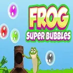 Grønn frosk med et blad på hodet, flere fargede såpebobler og en liten frosk ved en trestokk mot en lyseblå bakgrunn, med teksten Frog Super Bubbles