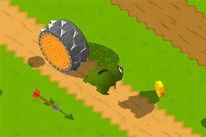Tegneserieaktig dinosaur løper langs en sti med en stor pigget hjul bak seg og en gullmynt foran, på en grønn og brun pikselert bakgrunn
