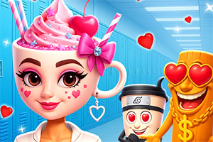 Kvinne ansikt med et krus som hode med rosa krem og kirsebær, omgitt av hjerteformede dekorasjoner og en figur med solbriller og dollartegn