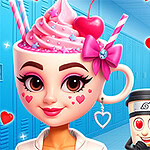 Kvinne ansikt med et krus som hode med rosa krem og kirsebær, omgitt av hjerteformede dekorasjoner og en figur med solbriller og dollartegn