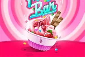 En rosa dessertskål fylt med myk-is, pyntet med bær, sjokoladestenger og fargerike strø, med en spiralbakgrunn i forskjellige rosatoner