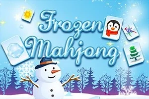 Snømann foran en vinterlig bakgrunn med snødekte trær, omgitt av mahjong-brikker med forskjellige motiver