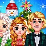 To animerte unge voksne med festlig julepynt og en snømann i bakgrunnen
