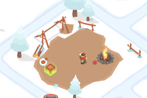 En animerte vintercampingplass med en person ved et bål, omgitt av snødekte trær og en trehuske