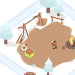 En animerte vintercampingplass med en person ved et bål, omgitt av snødekte trær og en trehuske