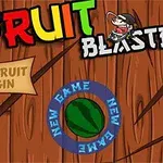 Tegnet forside med Fruit Blaster-tittel i farger og anvisning om å skjære en frukt for å starte spillet