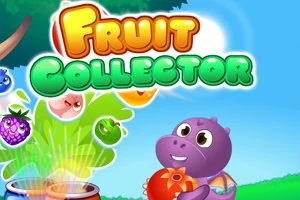 Tegneserieaktig lilla dinosaur holder en frukt under teksten Fruit Collector omgitt av fargerike frukter og blå himmel