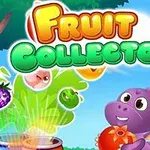 Tegneserieaktig lilla dinosaur holder en frukt under teksten Fruit Collector omgitt av fargerike frukter og blå himmel