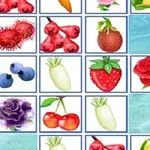 Et puslespill med ulike frukt- og blomsterikoner arrangert i et rutenett over en blå bakgrunn