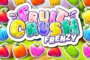 Fargerik tekst med ordene Fruit Crush Frenzy omgitt av forskjellige fruktikoner, som jordbær, epler og appelsiner