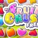Fargerik tekst med ordene Fruit Crush Frenzy omgitt av forskjellige fruktikoner, som jordbær, epler og appelsiner