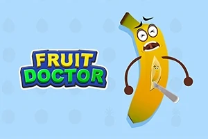 En animert banan med armer og ansikt viser et bekymret uttrykk mens den blir skåret med en kniv, ved siden av teksten Fruit Doctor på en lyseblå bakgrunn