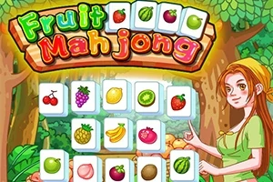 Tegneserieaktig fruktmotiver med mahjong-brikker og en kvinne med langt hår i skogen