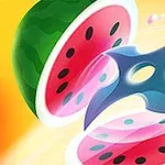 To halvdeler av en vannmelon som er skåret opp av en kastestjerne mot en gul bakgrunn