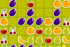 Fargerikt rutenett med bilder av kirsebær, plommer, appelsiner, pærer, bananer og røde epler