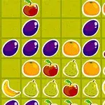 Fargerikt rutenett med bilder av kirsebær, plommer, appelsiner, pærer, bananer og røde epler