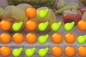 Rader med animerte appelsiner og pærer over et bakgrunnsbilde av ekte frukt