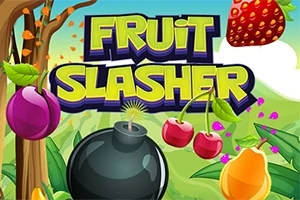 Fargerik illustrasjon av frukt som plomme, kirsebær, jordbær og mango med en eksplosiv bombe i midten, og teksten Fruit Slasher i bakgrunnen