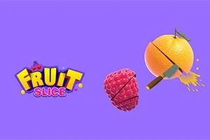 En lilla bakgrunn med teksten Fruit Slice, en bringebær og en appelsin som blir kuttet av en kniv