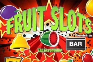Fargerikt bilde med teksten FRUIT SLOTS, omgitt av symboler som en bjelle, vannmelon, bar-skilt og stjerner