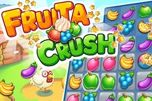 Fargerikt rutenett med fruktikoner og en tegnet kylling ved siden av teksten Fruita Crush