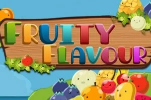Fargerike bokstaver som staver FRUITY FLAVOUR over en bakgrunn av tegneseriefrukt og grønne blader
