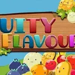 Fargerike bokstaver som staver FRUITY FLAVOUR over en bakgrunn av tegneseriefrukt og grønne blader