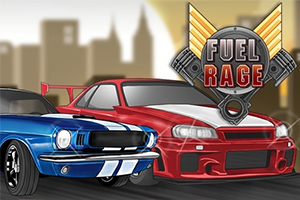 To biler, en blå og en rød, med et Fuel Rage-emblem i bakgrunnen mot en bysilhuett