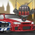 To biler, en blå og en rød, med et Fuel Rage-emblem i bakgrunnen mot en bysilhuett