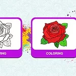 Svart-hvitt tegning av en rose til venstre og en farget rose til høyre, med farget sprut i bakgrunnen