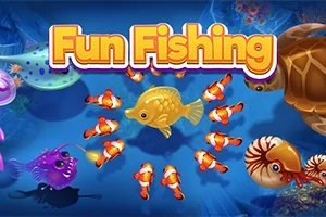 Under vann med en gruppe fargerike fisker og en stor skilpadde; teksten Fun Fishing vises øverst
