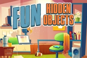 Rotete rom med ulike gjenstander og teksten FUN HIDDEN OBJECTS i store bokstaver