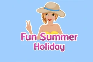 Kvinne med solhatt og sommerantrekk gjør et fredstegn, med teksten Fun Summer Holiday foran en lys blå bakgrunn
