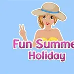Kvinne med solhatt og sommerantrekk gjør et fredstegn, med teksten Fun Summer Holiday foran en lys blå bakgrunn