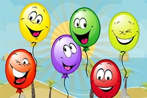 Fem fargerike ballonger med ansikter svever foran en strandbakgrunn med palmer og solskinn