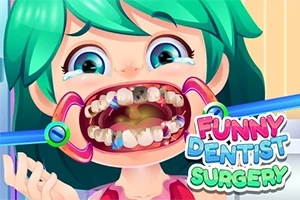En tegnet figur med grønt hår og vidåpen munn viser en rekke skadede tenner, omgitt av dentalinstrumenter