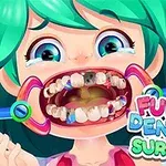 En tegnet figur med grønt hår og vidåpen munn viser en rekke skadede tenner, omgitt av dentalinstrumenter