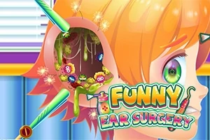 En tegneseriefigur med oransje hår har et åpent øre fullt av fargerike bakterier og verktøy stikker ut, med teksten Funny Ear Surgery på bildet