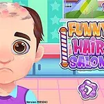 En tegneseriefigur med et utilfreds uttrykk sitter foran et fargerikt bakteppe med teksten Funny Hair Salon