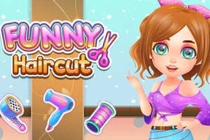 En tegneseriefigur med brunt hår, iført en lilla topp, står ved siden av frisørverktøy og teksten Funny Haircut