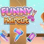 En tegneseriefigur med brunt hår, iført en lilla topp, står ved siden av frisørverktøy og teksten Funny Haircut