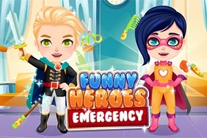 To an animasjonsfigurer, en blond gutt og en mørkhåret jente, i superheltkostymer står foran teksten Funny Heroes Emergency