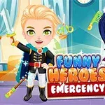 To an animasjonsfigurer, en blond gutt og en mørkhåret jente, i superheltkostymer står foran teksten Funny Heroes Emergency